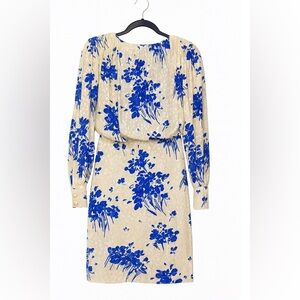 VTG John Galanos Dress Cream+Blue Floral Open Back With Button Low Zip Size?